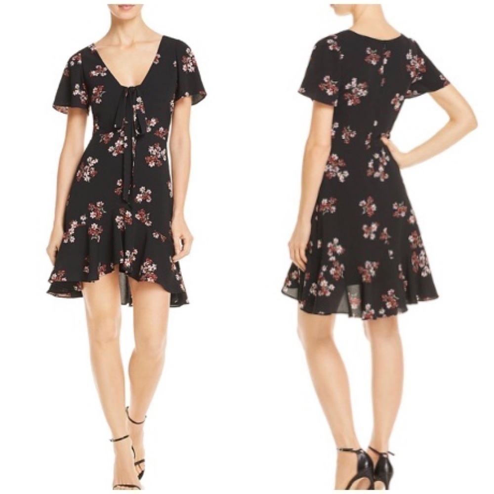 BB Dakota Black Ruffled Floral Print Tie Front Mini Dress